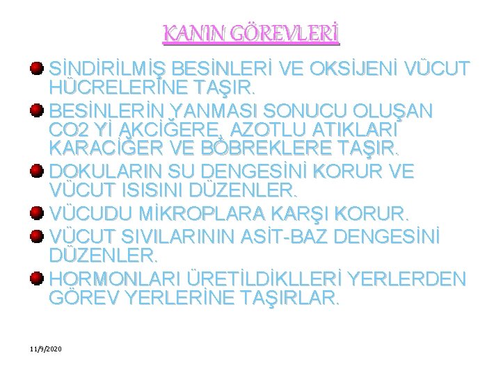 KANIN GÖREVLERİ SİNDİRİLMİŞ BESİNLERİ VE OKSİJENİ VÜCUT HÜCRELERİNE TAŞIR. BESİNLERİN YANMASI SONUCU OLUŞAN CO