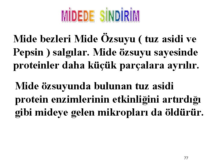 Mide bezleri Mide Özsuyu ( tuz asidi ve Pepsin ) salgılar. Mide özsuyu sayesinde