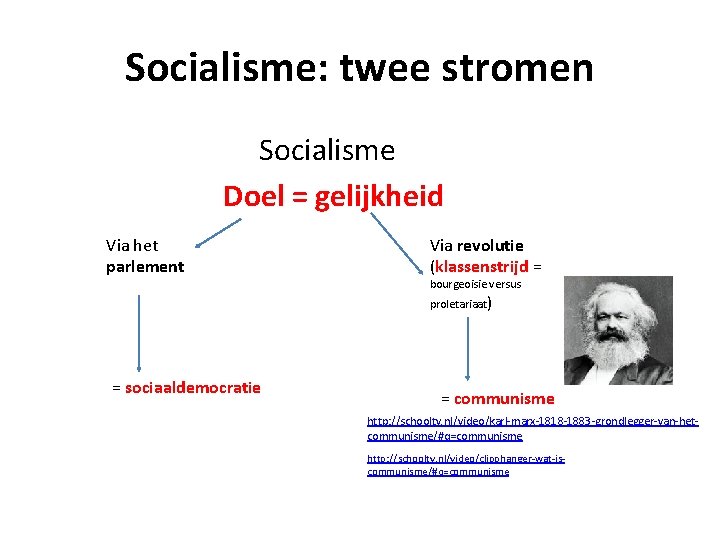 Socialisme: twee stromen Socialisme Doel = gelijkheid Via het parlement Via revolutie (klassenstrijd =