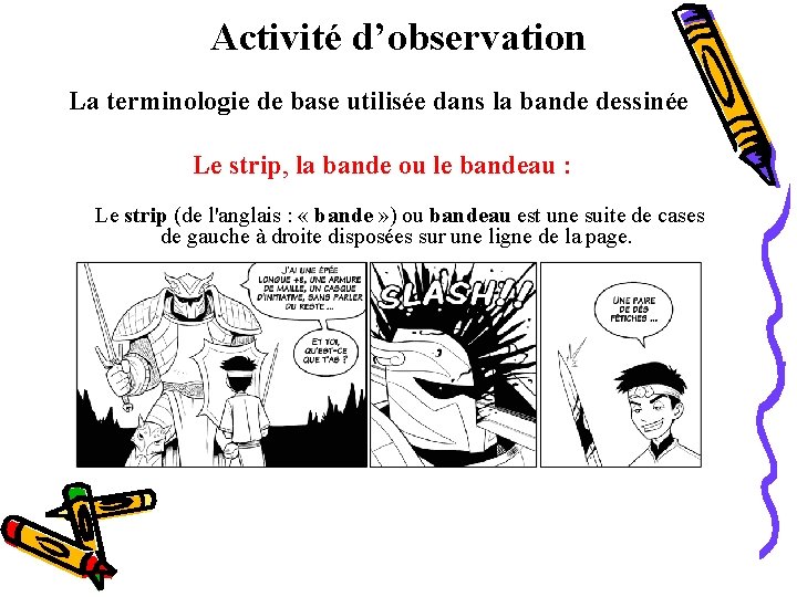 Activité d’observation La terminologie de base utilisée dans la bande dessinée Le strip, la