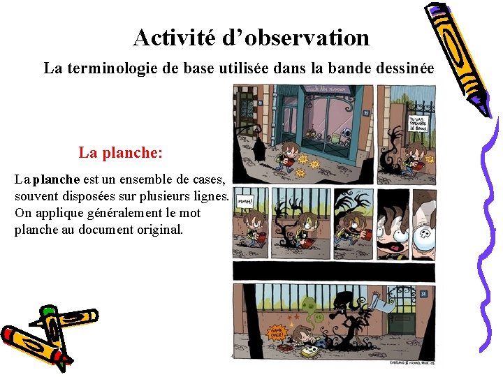 Activité d’observation La terminologie de base utilisée dans la bande dessinée La planche: La