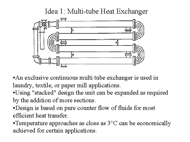 Idea 1: Multi-tube Heat Exchanger • An exclusive continuous multi tube exchanger is used