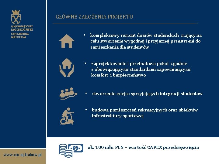 GŁÓWNE ZAŁOŻENIA PROJEKTU • • kompleksowy remont domów studenckich mający na celu stworzenie wygodnej