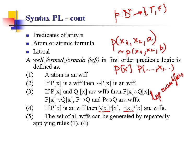 Syntax PL - cont Predicates of arity n n Atom or atomic formula. n