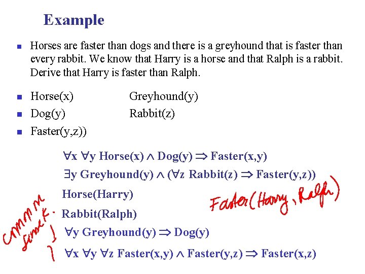 Example n n Horses are faster than dogs and there is a greyhound that