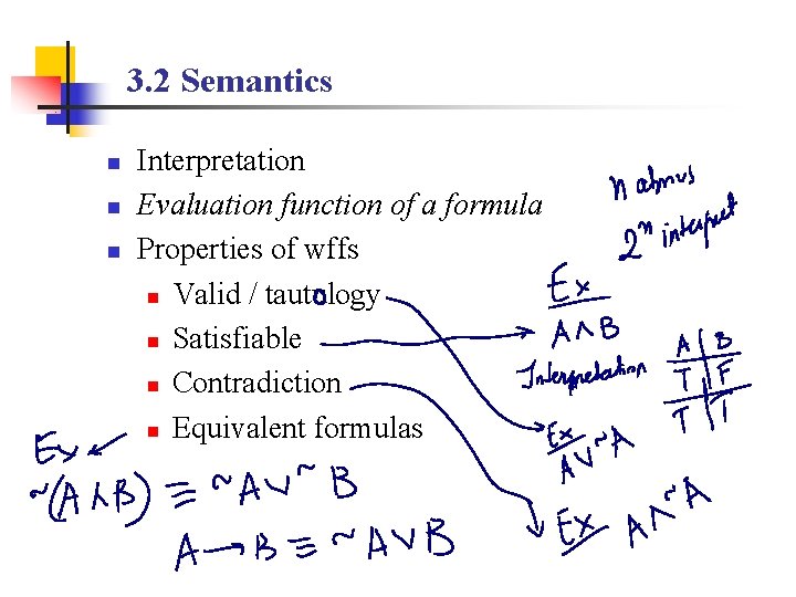 3. 2 Semantics n n n Interpretation Evaluation function of a formula Properties of