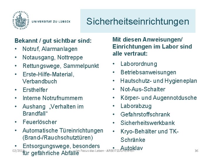 Sicherheitseinrichtungen Mit diesen Anweisungen/ Bekannt / gut sichtbar sind: Einrichtungen im Labor sind •