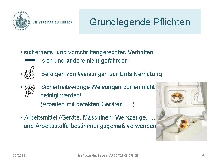 Grundlegende Pflichten • sicherheits- und vorschriftengerechtes Verhalten sich und andere nicht gefährden! • Befolgen
