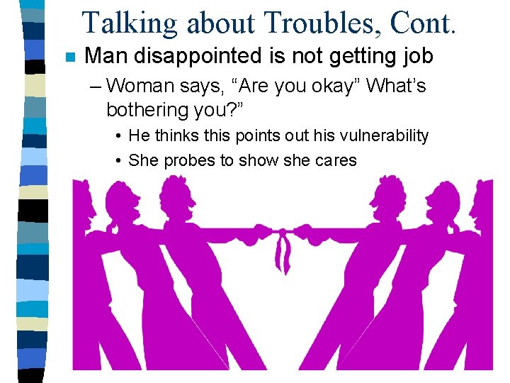 Talking about Troubles, Cont. n Man disappointed is not getting job – Woman says,