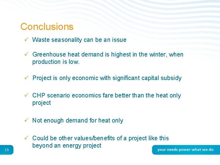 Conclusions ü Waste seasonality can be an issue ü Greenhouse heat demand is highest