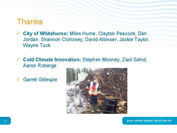 Thanks ü City of Whitehorse: Miles Hume, Clayton Peacock, Dan Jordan, Shannon Clohosey, David