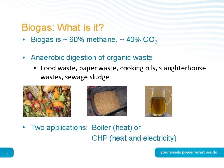 Biogas: What is it? • Biogas is ~ 60% methane, ~ 40% CO 2.