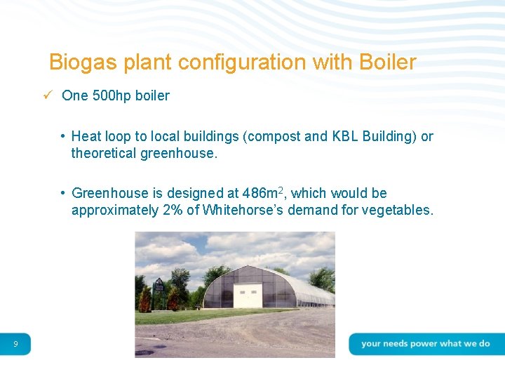 Biogas plant configuration with Boiler ü One 500 hp boiler • Heat loop to