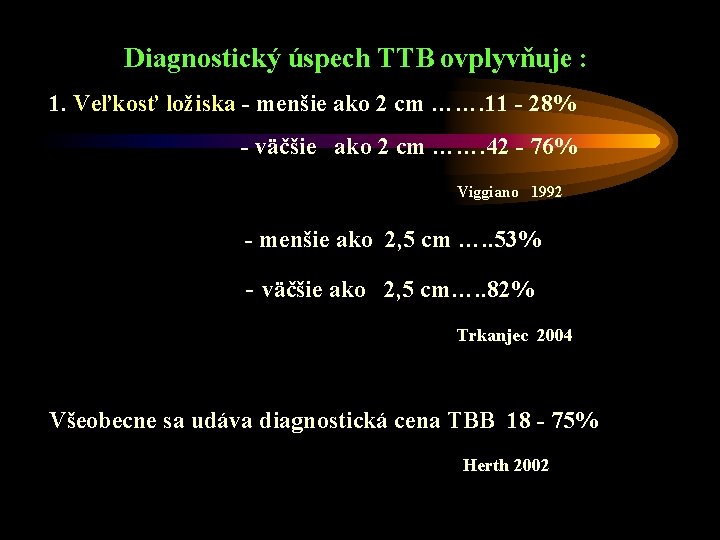Diagnostický úspech TTB ovplyvňuje : 1. Veľkosť ložiska - menšie ako 2 cm …….
