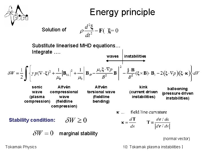 Energy principle Solution of Substitute linearised MHD equations… Integrate …. waves sonic Alfvén wave