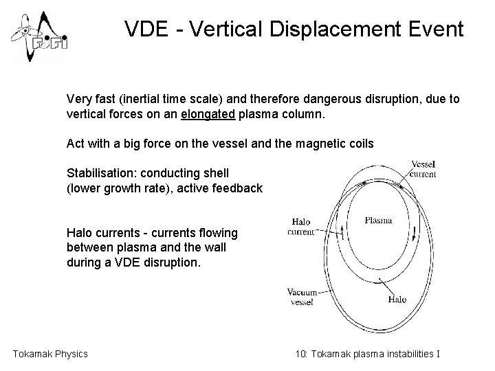 VDE - Vertical Displacement Event Very fast (inertial time scale) and therefore dangerous disruption,