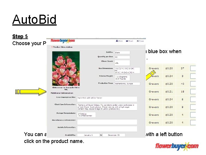 Auto. Bid Step 5 Choose your Product by Viewing the Description in blue. The