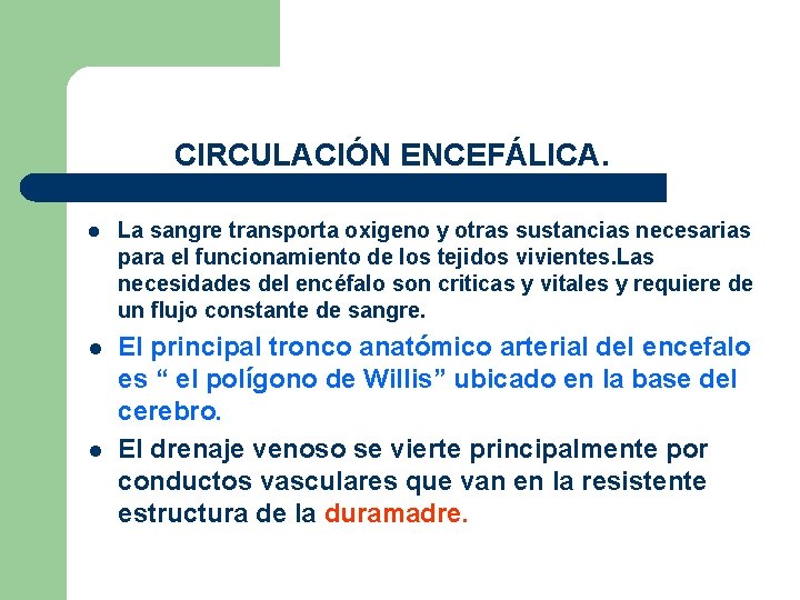 CIRCULACIÓN ENCEFÁLICA. l La sangre transporta oxigeno y otras sustancias necesarias para el funcionamiento