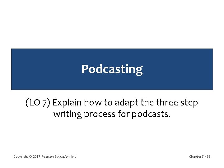 Podcasting (LO 7) Explain how to adapt the three-step writing process for podcasts. Copyright