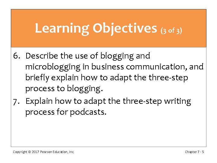 Learning Objectives (3 of 3) 6. Describe the use of blogging and microblogging in