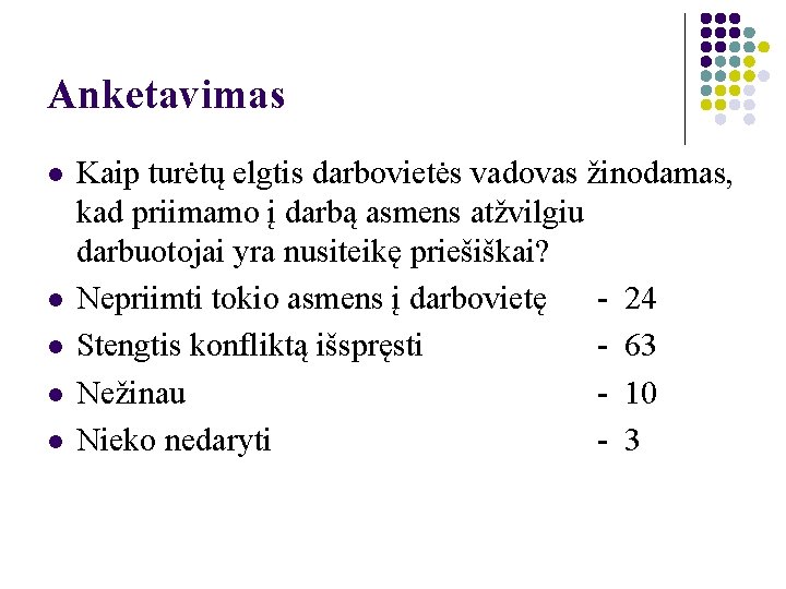 Anketavimas l l l Kaip turėtų elgtis darbovietės vadovas žinodamas, kad priimamo į darbą