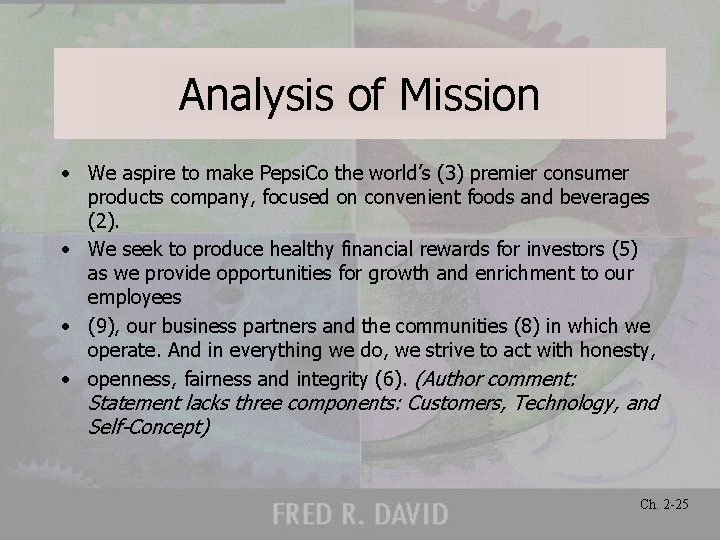 Analysis of Mission • We aspire to make Pepsi. Co the world’s (3) premier