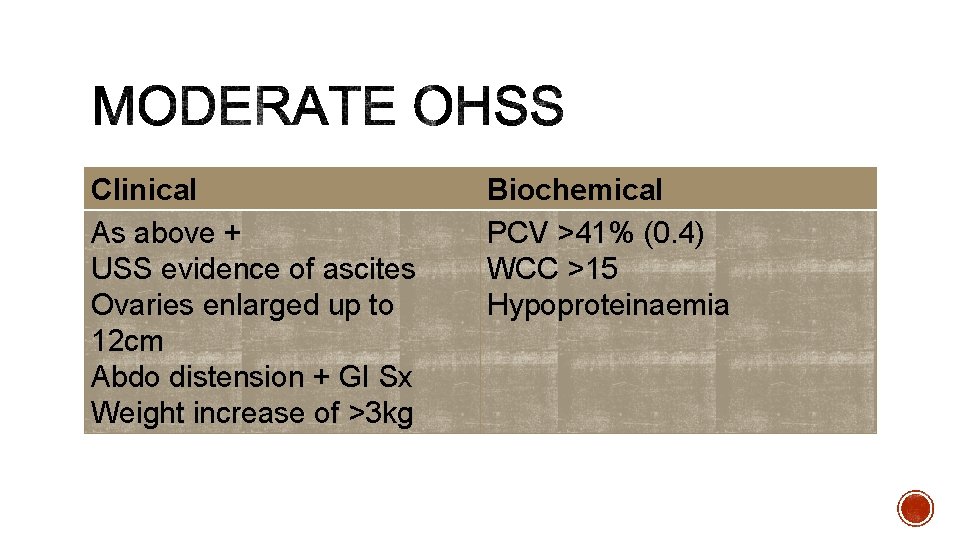 Clinical As above + USS evidence of ascites Ovaries enlarged up to 12 cm