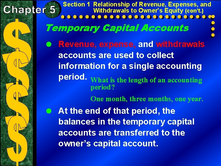 Section 1 Relationship of Revenue, Expenses, and Withdrawals to Owner’s Equity (con’t. ) Temporary