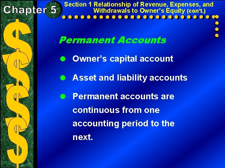 Section 1 Relationship of Revenue, Expenses, and Withdrawals to Owner’s Equity (con’t. ) Permanent