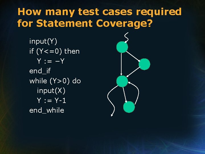 How many test cases required for Statement Coverage? input(Y) if (Y<=0) then Y : How many test cases required for Statement Coverage? input(Y) if (Y<=0) then Y :