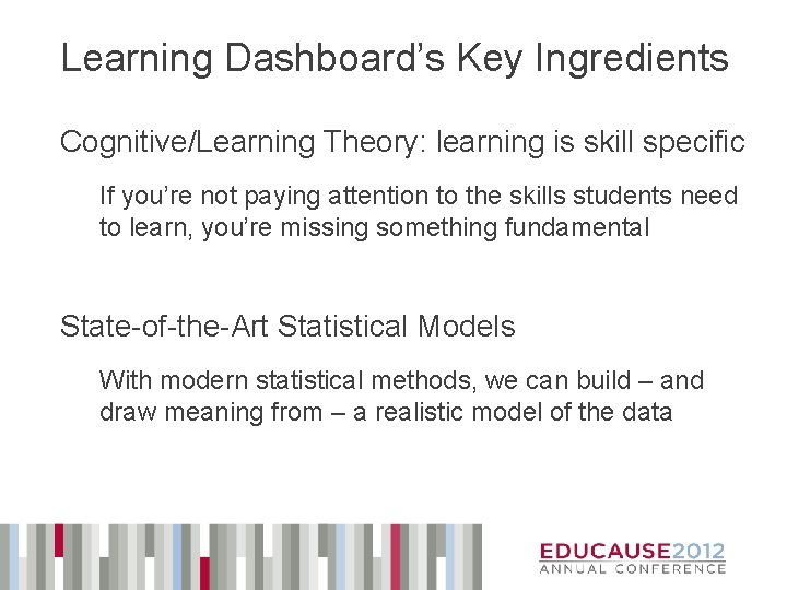 Learning Dashboard’s Key Ingredients Cognitive/Learning Theory: learning is skill specific If you’re not paying