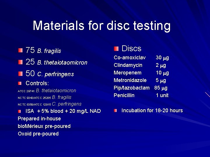 Materials for disc testing 75 B. fragilis 25 B. thetaiotaomicron 50 C. perfringens Controls: