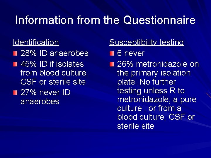 Information from the Questionnaire Identification 28% ID anaerobes 45% ID if isolates from blood