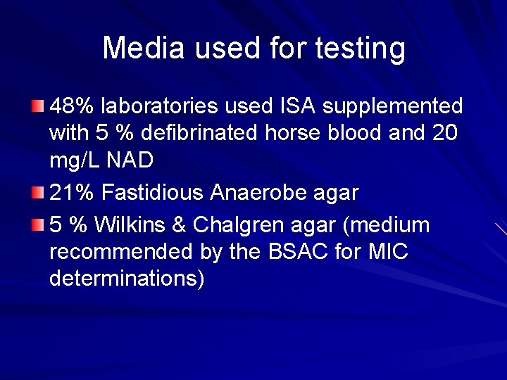 Media used for testing 48% laboratories used ISA supplemented with 5 % defibrinated horse