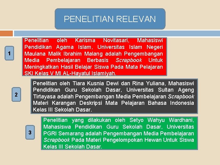 PENELITIAN RELEVAN Penelitian oleh Karisma Novitasari, Mahasiswi Pendidikan Agama Islam, Universitas Islam Negeri Maulana