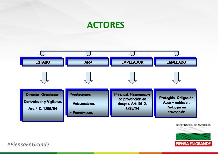 ACTORES ESTADO Director, Orientador, Controlador y Vigilante. ARP Prestaciones: - Asistenciales. Art. 4 D.