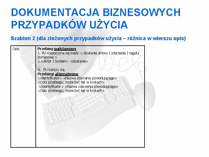 DOKUMENTACJA BIZNESOWYCH PRZYPADKÓW UŻYCIA Szablon 2 (dla złożonych przypadków użycia – różnica w wierszu DOKUMENTACJA BIZNESOWYCH PRZYPADKÓW UŻYCIA Szablon 2 (dla złożonych przypadków użycia – różnica w wierszu