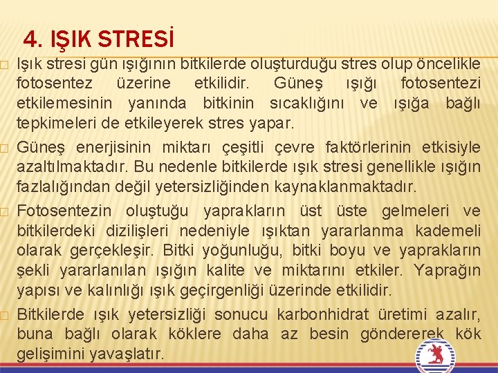 � � 4. IŞIK STRESİ Işık stresi gün ışığının bitkilerde oluşturduğu stres olup öncelikle