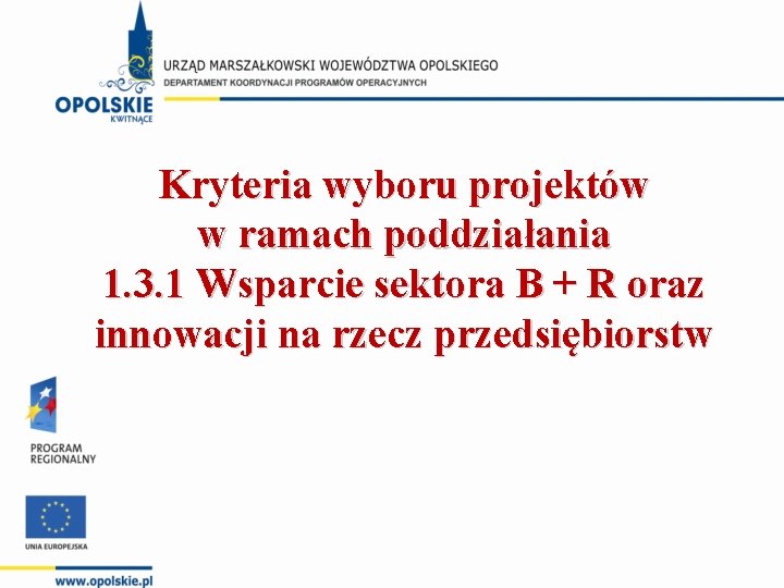Kryteria wyboru projektów w ramach poddziałania 1. 3. 1 Wsparcie sektora B + R