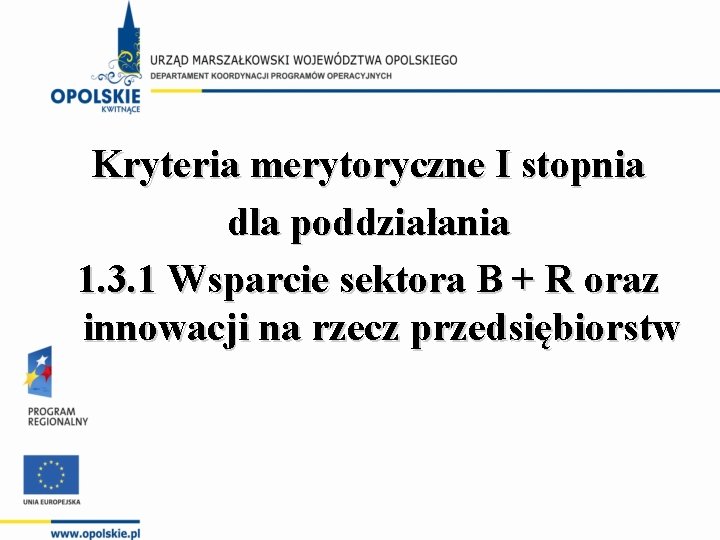 Kryteria merytoryczne I stopnia dla poddziałania 1. 3. 1 Wsparcie sektora B + R