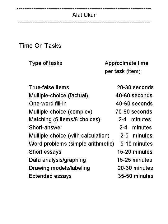  • -----------------------------------Alat Ukur ------------------------------------ Time On Tasks Type of tasks Approximate time per