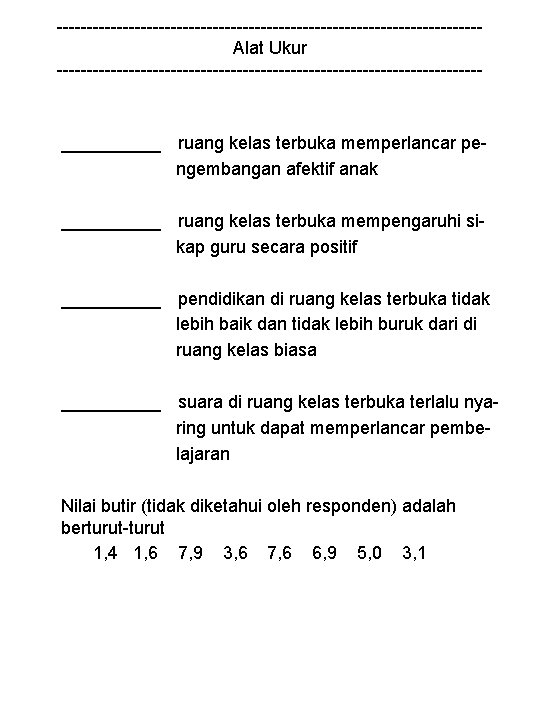 -----------------------------------Alat Ukur ------------------------------------ _____ ruang kelas terbuka memperlancar pengembangan afektif anak _____ ruang kelas