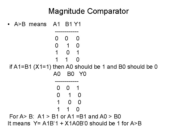 Magnitude Comparator • A>B means A 1 B 1 Y 1 ------0 0 1