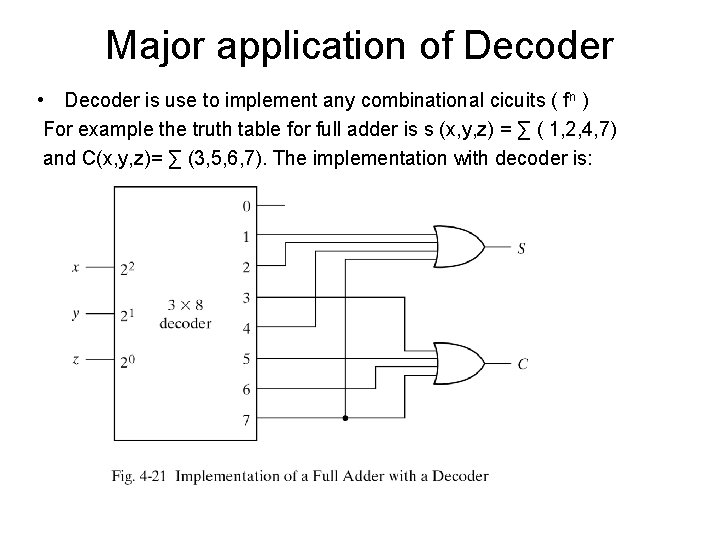 Major application of Decoder • Decoder is use to implement any combinational cicuits (