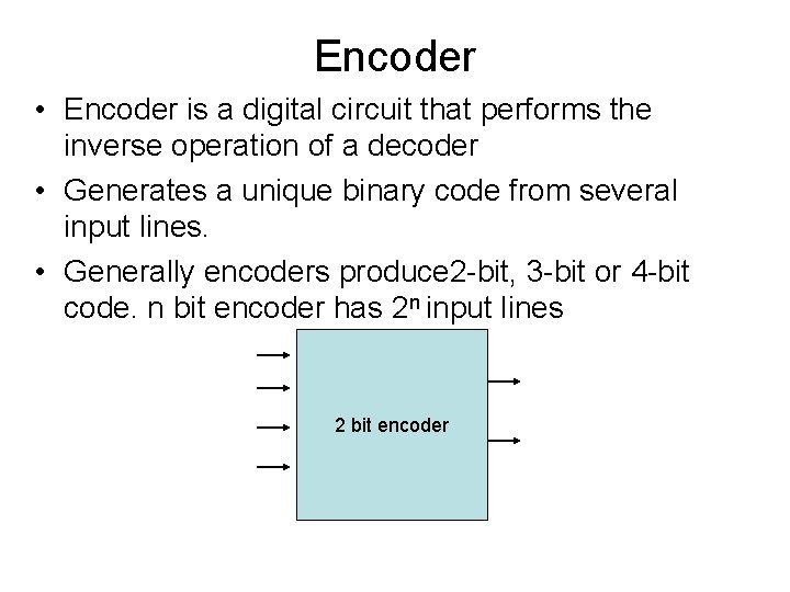 Encoder • Encoder is a digital circuit that performs the inverse operation of a