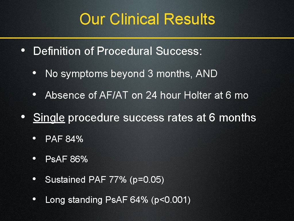 Our Clinical Results • Definition of Procedural Success: • No symptoms beyond 3 months,