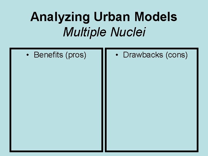 Analyzing Urban Models Multiple Nuclei • Benefits (pros) • Drawbacks (cons) 