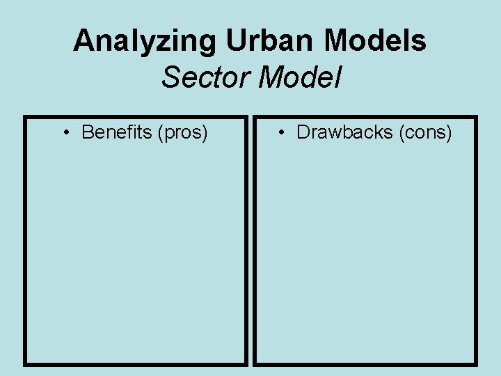 Analyzing Urban Models Sector Model • Benefits (pros) • Drawbacks (cons) 