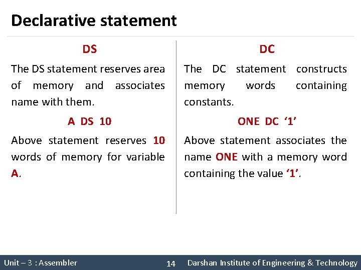 Declarative statement DS DC The DS statement reserves area of memory and associates name Declarative statement DS DC The DS statement reserves area of memory and associates name