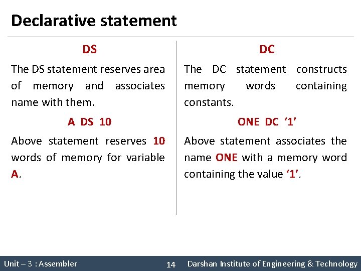 Declarative statement DS DC The DS statement reserves area of memory and associates name